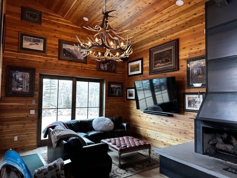 Rustic great room with cedar walls and stone fireplace